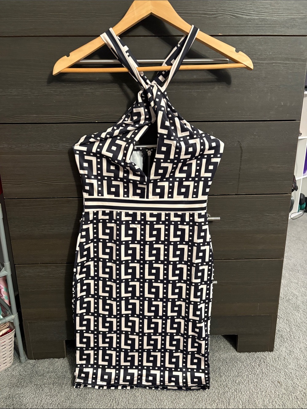 Navy & White Geometric Halter Dress